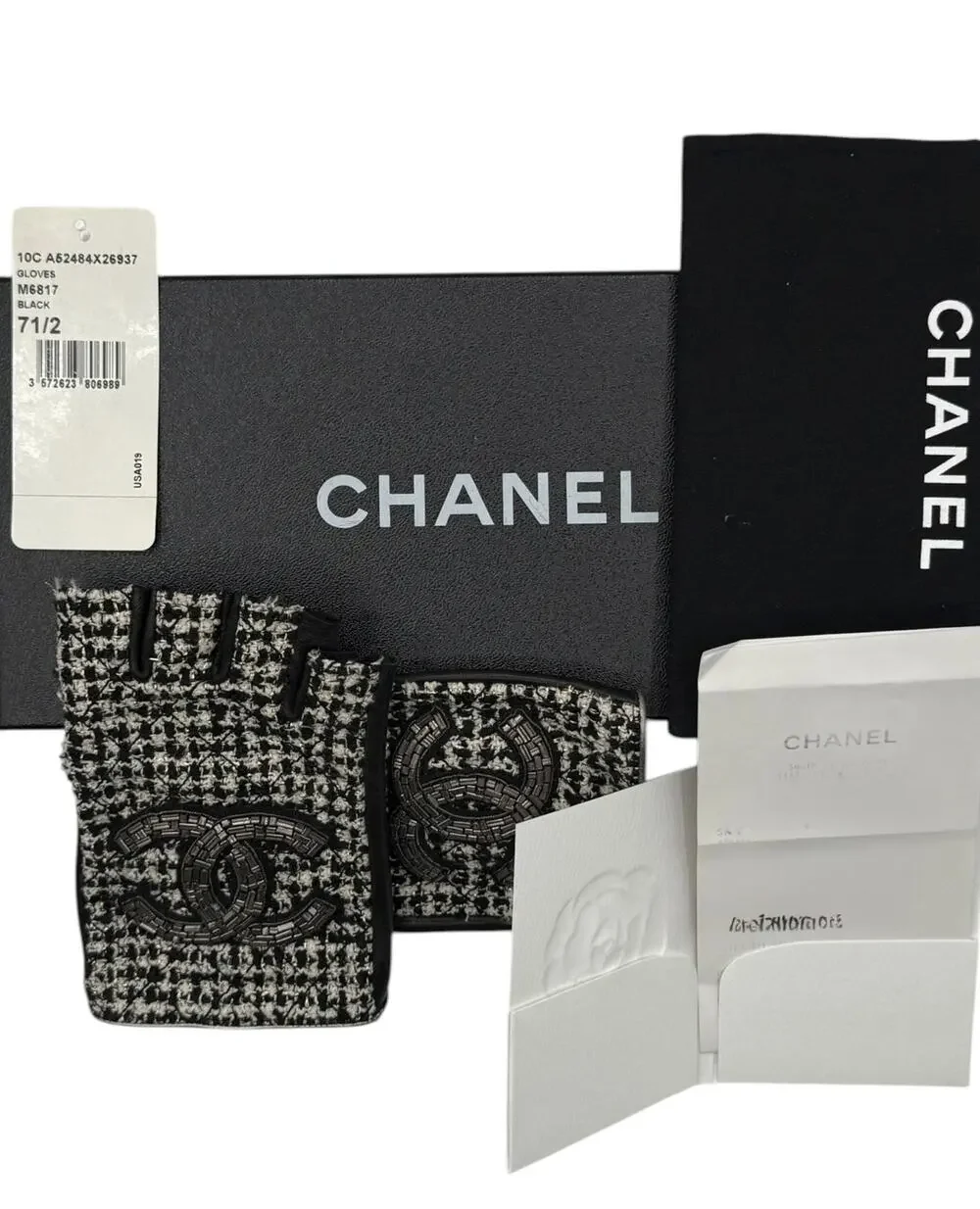 Chanel Black Tweed & Lambskin Fingerless Gloves – Size 7.5